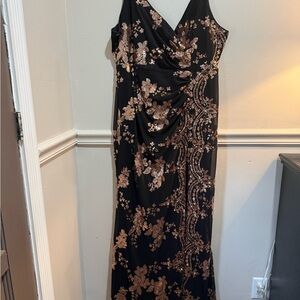 Women's Black Evening Gown with Rose Gold Sequin Embellishment
